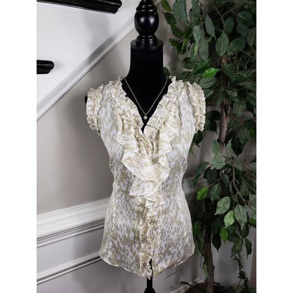 AK Anne Klein Blouse Women 12 Tan White 100% Polyester Ruffle Sleeveless V-Neck - Picture 1 of 13